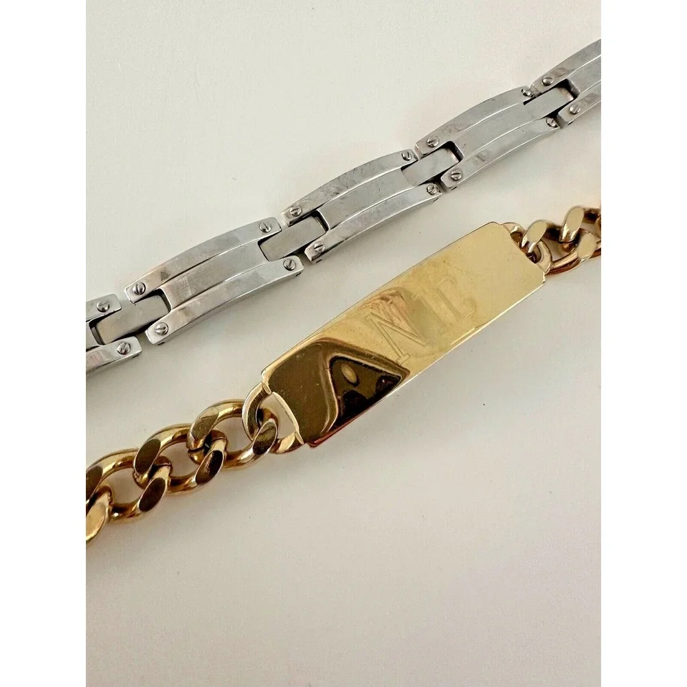 Mens Speidel ID Bracelet Nic Gold Tone Curb Link Stainless Steel Links Set 2
